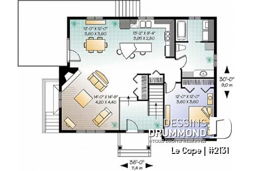 Rez-de-chaussée - Plan de plain-pied champêtre 1 à 3 chambres (2 au s-sol), 2 séjours, foyer, vestibule, accès privé au s-sol - Le Cape