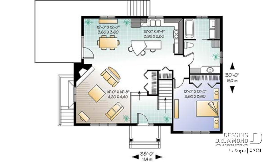 Rez-de-chaussée - Plan de plain-pied champêtre 1 à 3 chambres (2 au s-sol), 2 séjours, foyer, vestibule, accès privé au s-sol - Le Cape