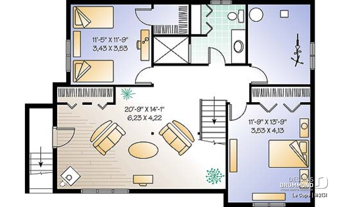 Sous-sol - Plan de plain-pied champêtre 1 à 3 chambres (2 au s-sol), 2 séjours, foyer, vestibule, accès privé au s-sol - Le Cape