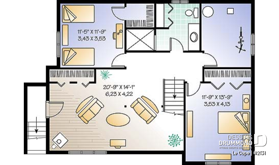 Sous-sol - Plan de plain-pied champêtre 1 à 3 chambres (2 au s-sol), 2 séjours, foyer, vestibule, accès privé au s-sol - Le Cape