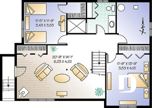 Sous-sol - Plan de plain-pied champêtre 1 à 3 chambres (2 au s-sol), 2 séjours, foyer, vestibule, accès privé au s-sol - Le Cape