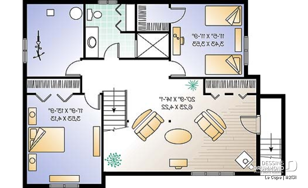 Sous-sol - Plan de plain-pied champêtre 1 à 3 chambres (2 au s-sol), 2 séjours, foyer, vestibule, accès privé au s-sol - Le Cape