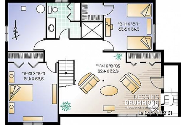 Sous-sol - Plan de plain-pied champêtre 1 à 3 chambres (2 au s-sol), 2 séjours, foyer, vestibule, accès privé au s-sol - Le Cape