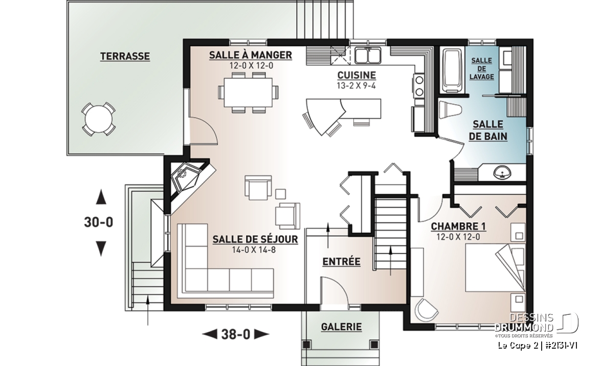 Rez-de-chaussée - Plan de maison moderne rustique, aménagée sur 2 planchers, offrant 1 à 3 chambres, 2 salons, grande terrasse - Le Cape 2
