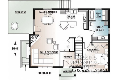 Rez-de-chaussée - Plan de maison moderne rustique, aménagée sur 2 planchers, offrant 1 à 3 chambres, 2 salons, grande terrasse - Le Cape 2