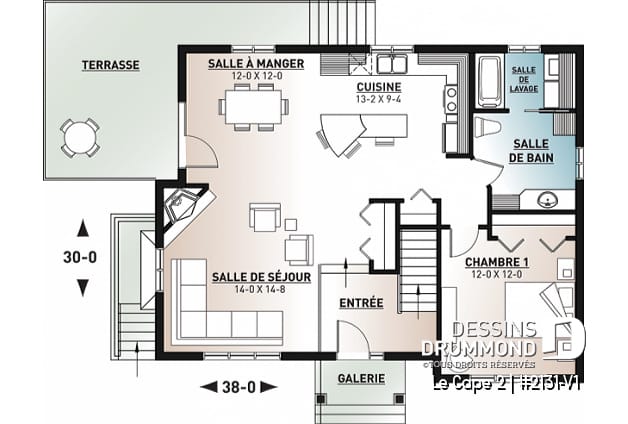 Rez-de-chaussée - Plan de maison moderne rustique, aménagée sur 2 planchers, offrant 1 à 3 chambres, 2 salons, grande terrasse - Le Cape 2