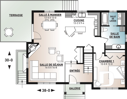 Rez-de-chaussée - Plan de maison moderne rustique, aménagée sur 2 planchers, offrant 1 à 3 chambres, 2 salons, grande terrasse - Le Cape 2