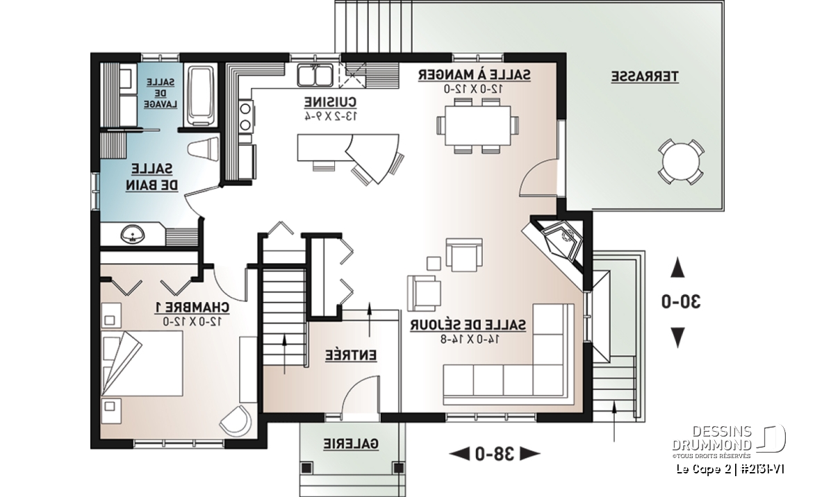 Rez-de-chaussée - Plan de maison moderne rustique, aménagée sur 2 planchers, offrant 1 à 3 chambres, 2 salons, grande terrasse - Le Cape 2