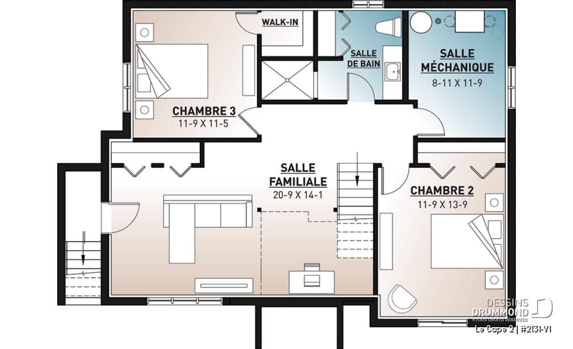 Sous-sol - Plan de maison moderne rustique, aménagée sur 2 planchers, offrant 1 à 3 chambres, 2 salons, grande terrasse - Le Cape 2