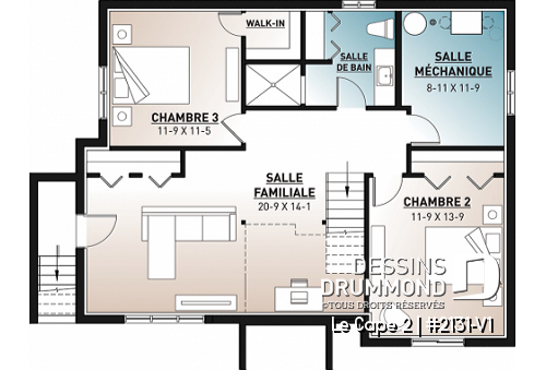 Sous-sol - Plan de maison moderne rustique, aménagée sur 2 planchers, offrant 1 à 3 chambres, 2 salons, grande terrasse - Le Cape 2