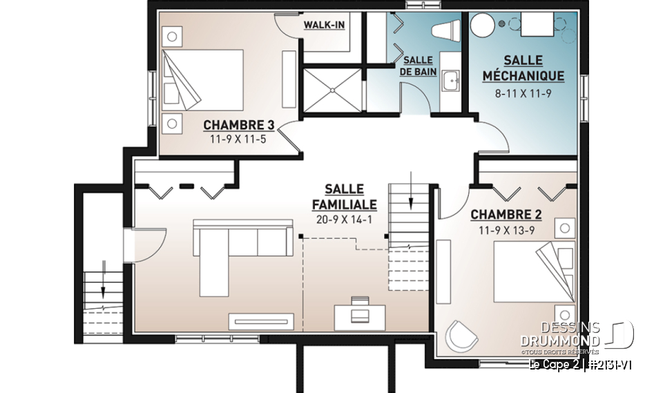 Sous-sol - Plan de maison moderne rustique, aménagée sur 2 planchers, offrant 1 à 3 chambres, 2 salons, grande terrasse - Le Cape 2