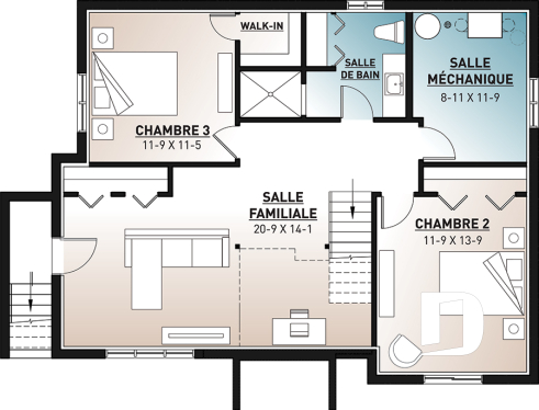 Sous-sol - Plan de maison moderne rustique, aménagée sur 2 planchers, offrant 1 à 3 chambres, 2 salons, grande terrasse - Le Cape 2