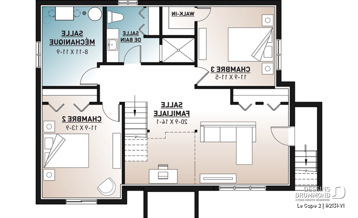 Sous-sol - Plan de maison moderne rustique, aménagée sur 2 planchers, offrant 1 à 3 chambres, 2 salons, grande terrasse - Le Cape 2