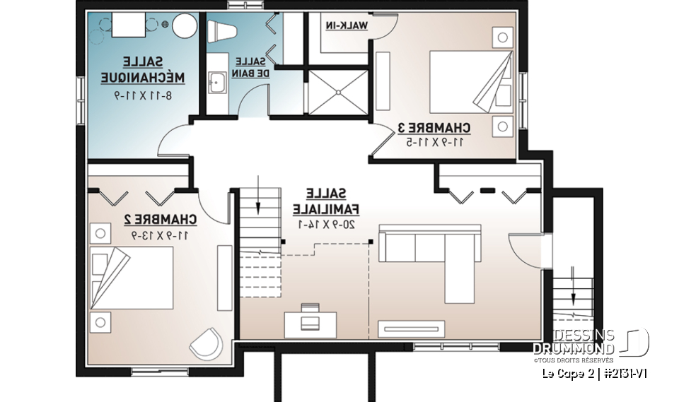 Sous-sol - Plan de maison moderne rustique, aménagée sur 2 planchers, offrant 1 à 3 chambres, 2 salons, grande terrasse - Le Cape 2