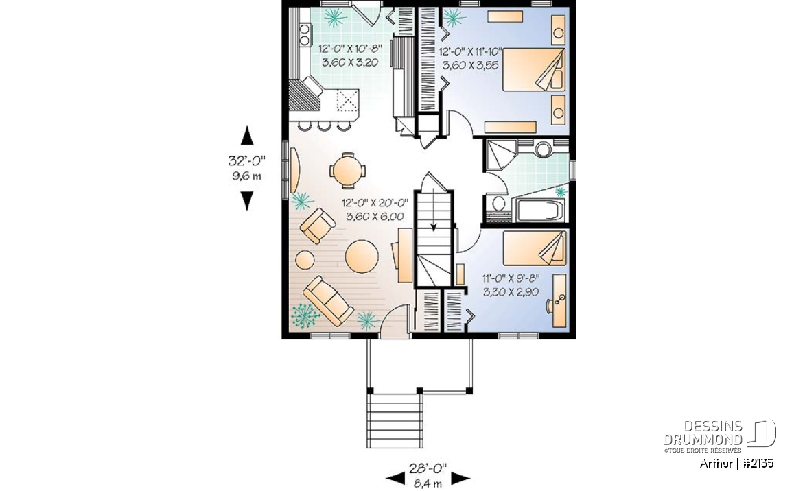 Rez-de-chaussée - Plan de plain-pied abordable, 2 chambres, cuisine avec comptoir-lunch, galerie avant - Arthur