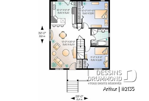 Rez-de-chaussée - Plan de plain-pied abordable, 2 chambres, cuisine avec comptoir-lunch, galerie avant - Arthur