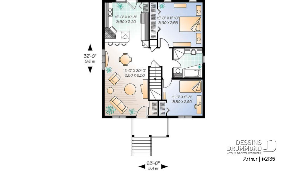 Rez-de-chaussée - Plan de plain-pied abordable, 2 chambres, cuisine avec comptoir-lunch, galerie avant - Arthur