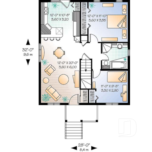 Rez-de-chaussée - Plan de plain-pied abordable, 2 chambres, cuisine avec comptoir-lunch, galerie avant - Arthur