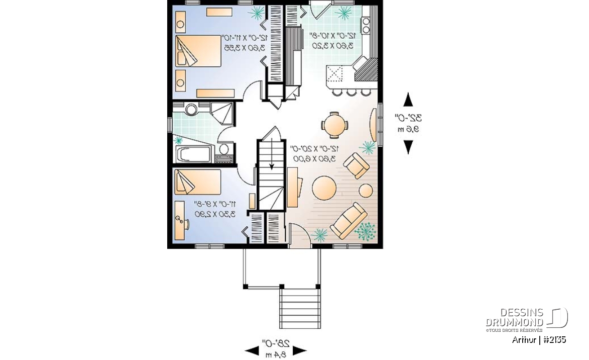 Rez-de-chaussée - Plan de plain-pied abordable, 2 chambres, cuisine avec comptoir-lunch, galerie avant - Arthur