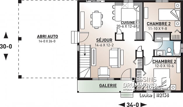 Rez-de-chaussée - Plan de plain-pied abordable, 2 chambres, garde-manger, porte-patio, galerie arbitrée, abri auto - Louise