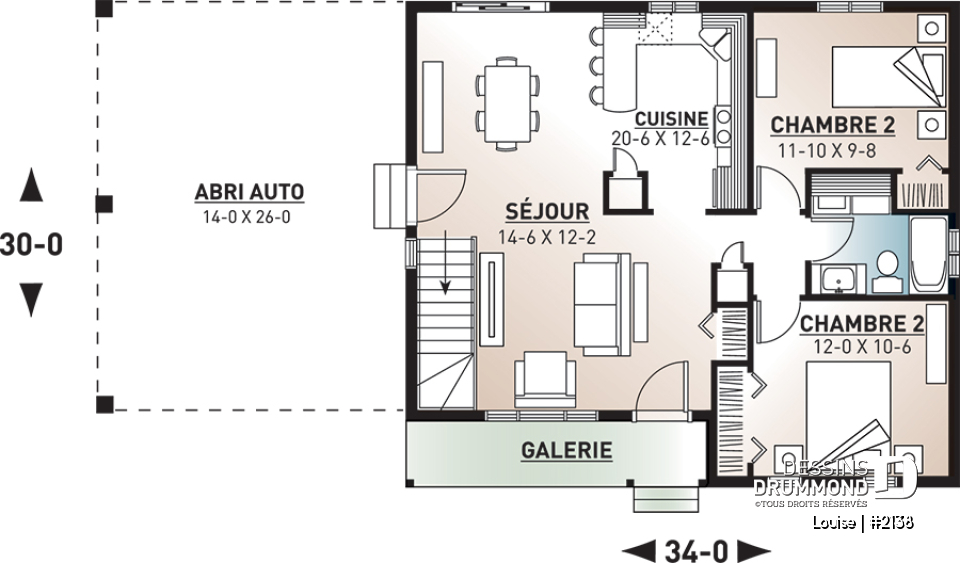Rez-de-chaussée - Plan de plain-pied abordable, 2 chambres, garde-manger, porte-patio, galerie arbitrée, abri auto - Louise