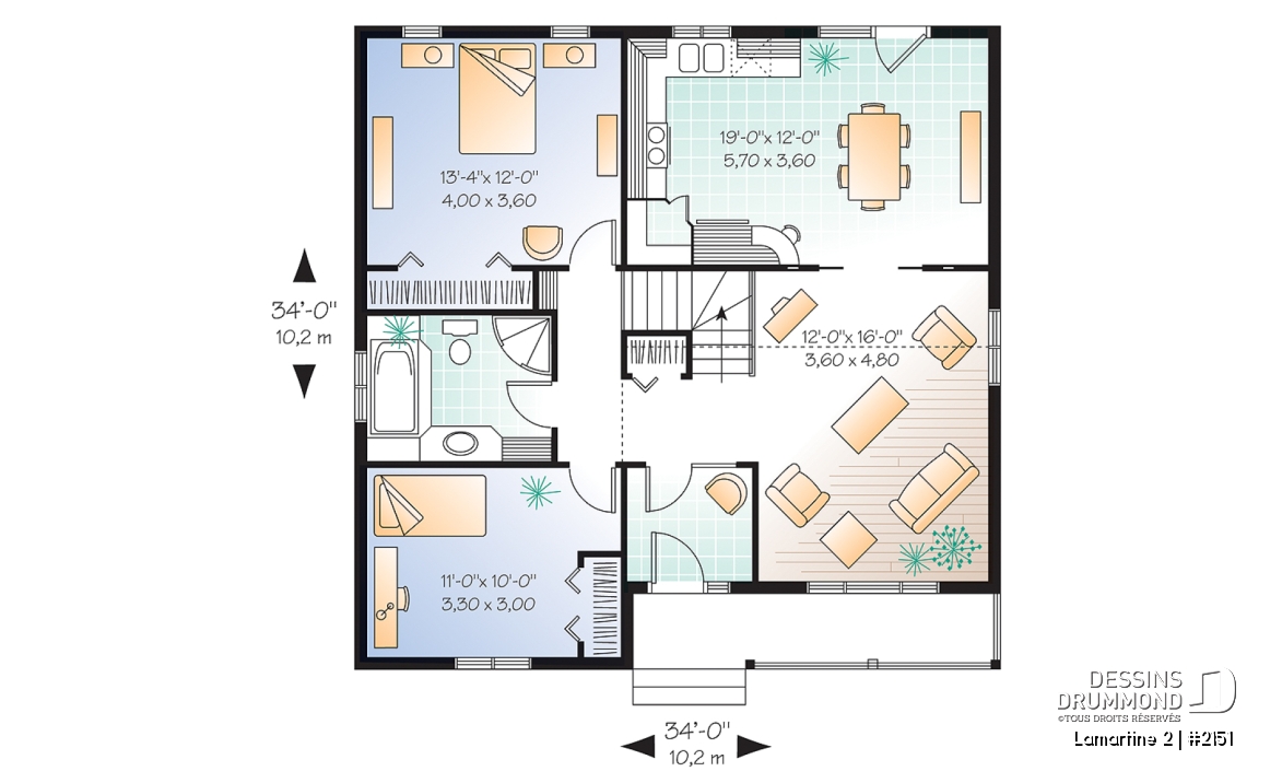 Rez-de-chaussée - Plan d'un bungalow style ranch économique, balcon avant abrité, 2 chambres, plafond cathédrale, rangement - Lamartine 2