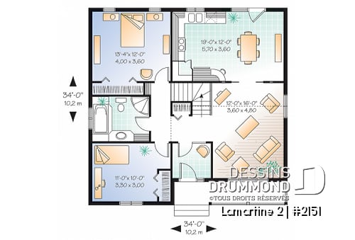 Rez-de-chaussée - Plan d'un bungalow style ranch économique, balcon avant abrité, 2 chambres, plafond cathédrale, rangement - Lamartine 2