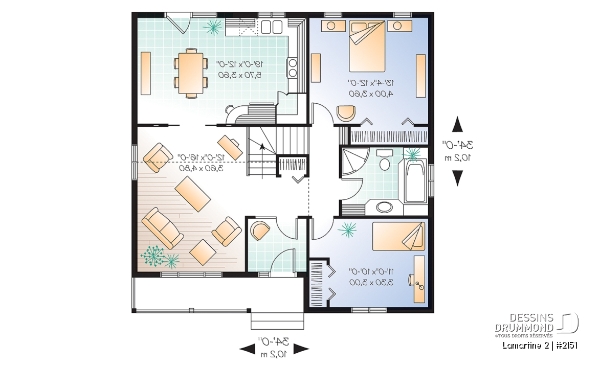 Rez-de-chaussée - Plan d'un bungalow style ranch économique, balcon avant abrité, 2 chambres, plafond cathédrale, rangement - Lamartine 2