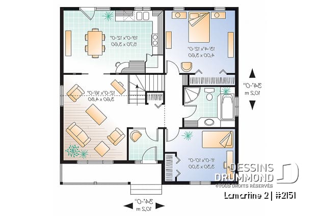 Rez-de-chaussée - Plan d'un bungalow style ranch économique, balcon avant abrité, 2 chambres, plafond cathédrale, rangement - Lamartine 2