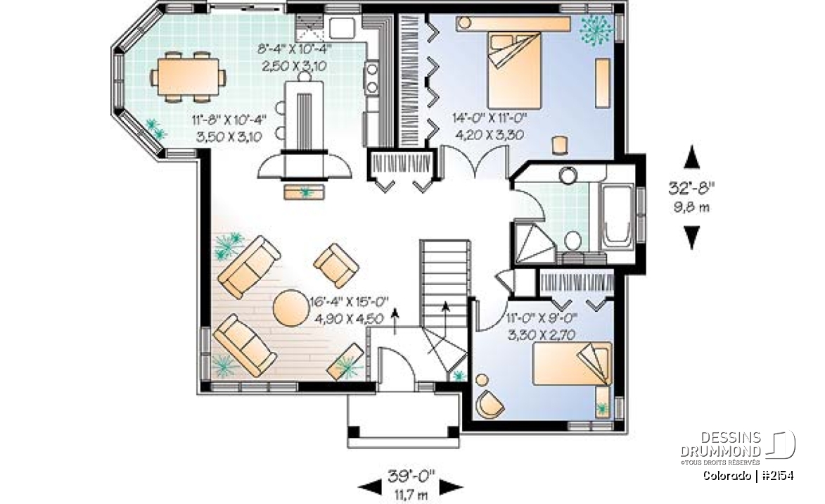 Rez-de-chaussée - Plan de plain-pied abordable, 2 chambres, vestibule rabaissé, îlot, grande chambre des parents - Colorado