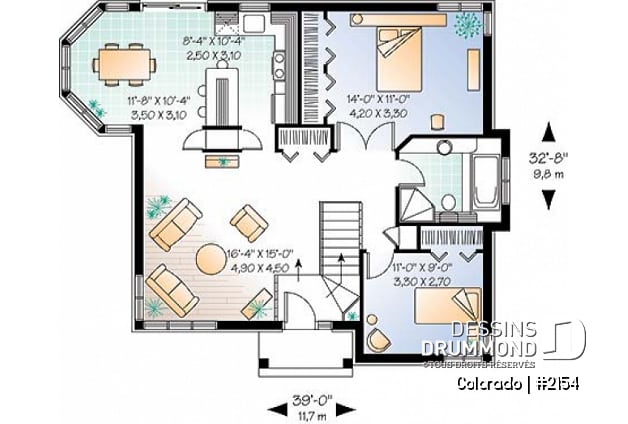 Rez-de-chaussée - Plan de plain-pied abordable, 2 chambres, vestibule rabaissé, îlot, grande chambre des parents - Colorado