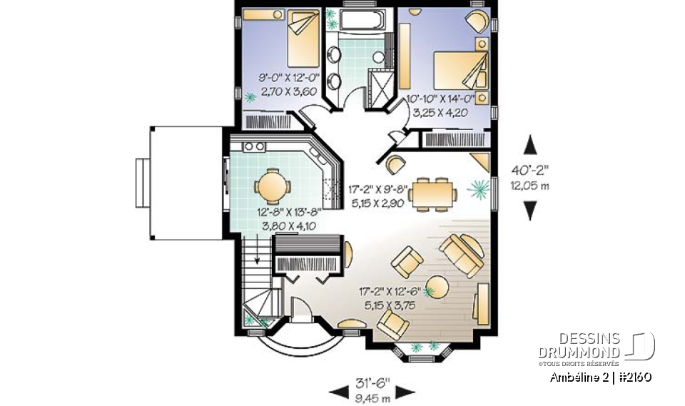 Rez-de-chaussée - Plan de maison plain-pied avec 2 grandes chambres à l'arrière, plafond cathédrale à la cuisine / salon - Ambéline 2