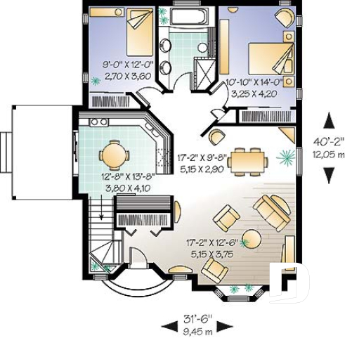 Rez-de-chaussée - Plan de maison plain-pied avec 2 grandes chambres à l'arrière, plafond cathédrale à la cuisine / salon - Ambéline 2