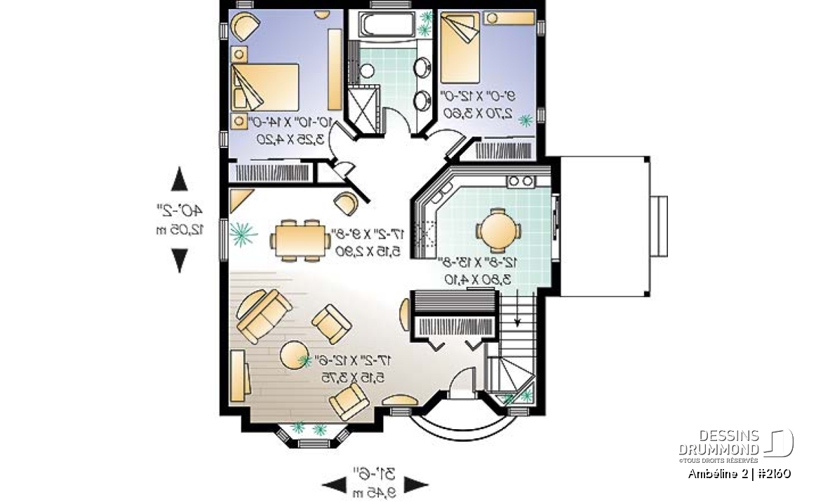 Rez-de-chaussée - Plan de maison plain-pied avec 2 grandes chambres à l'arrière, plafond cathédrale à la cuisine / salon - Ambéline 2