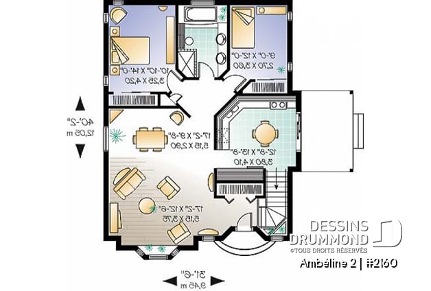 Rez-de-chaussée - Plan de maison plain-pied avec 2 grandes chambres à l'arrière, plafond cathédrale à la cuisine / salon - Ambéline 2