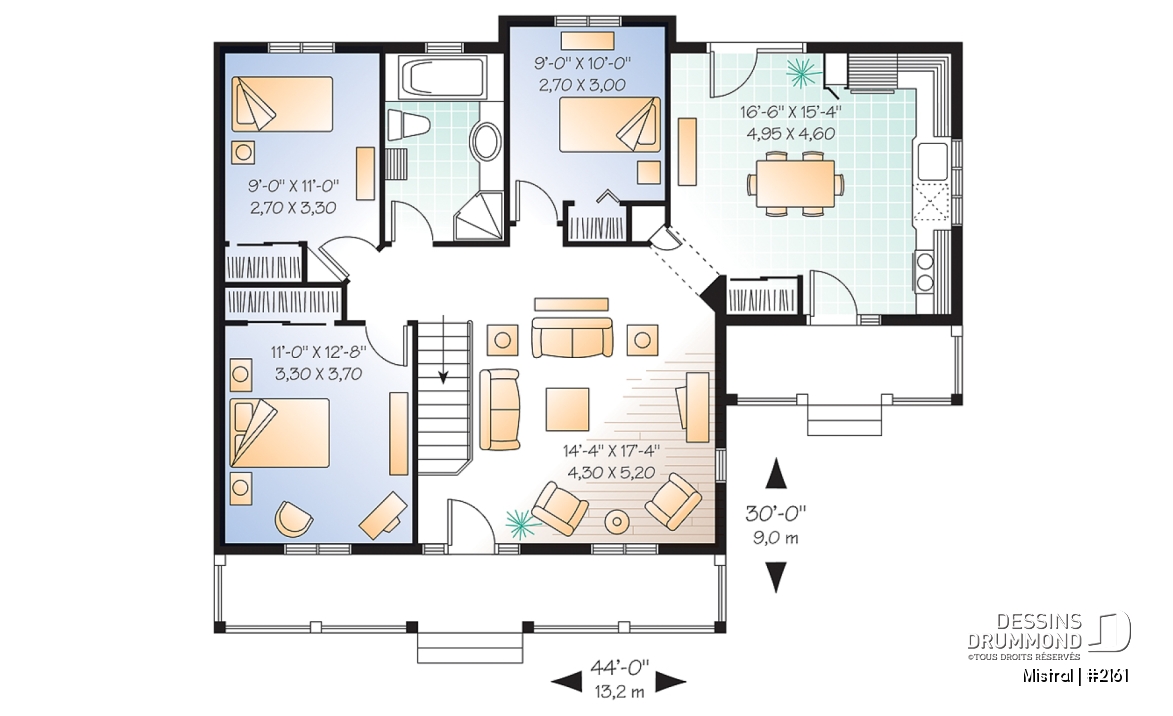 Rez-de-chaussée - Plan de plain-pied 3 chambres au rez-de-chaussée, grande cuisine, grand balcon avant couvert - Mistral