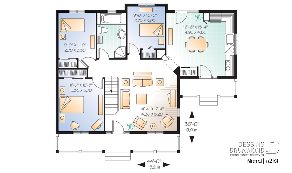 Rez-de-chaussée - Plan de plain-pied 3 chambres au rez-de-chaussée, grande cuisine, grand balcon avant couvert - Mistral