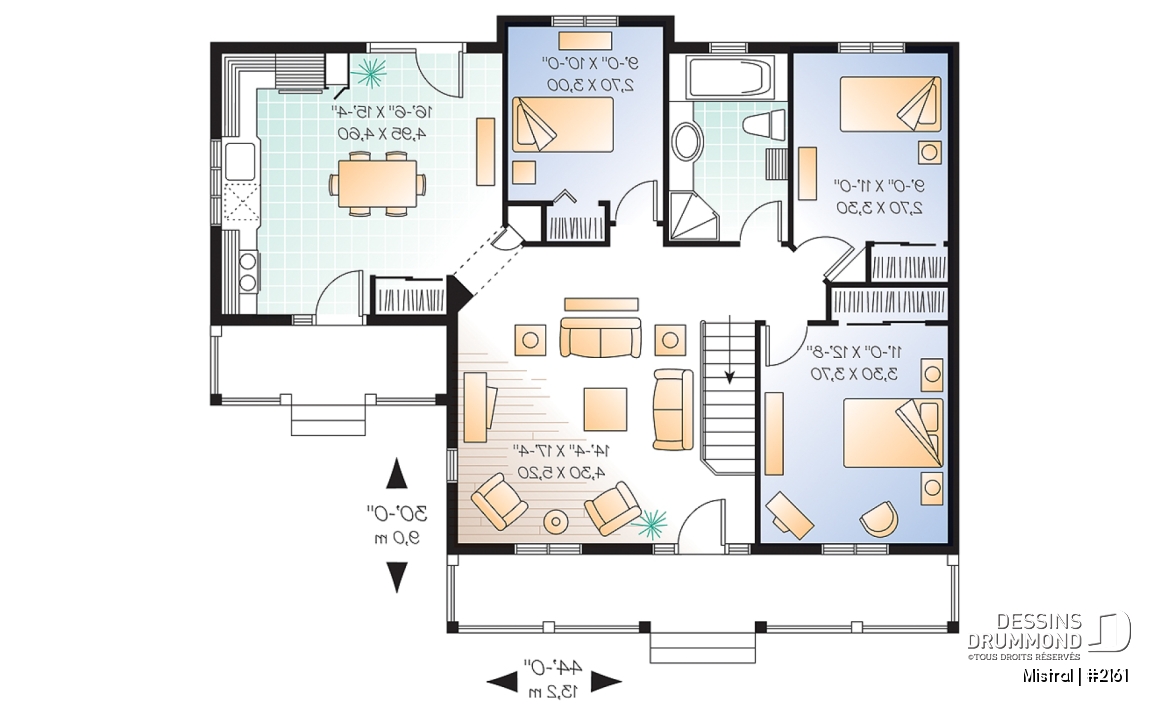Rez-de-chaussée - Plan de plain-pied 3 chambres au rez-de-chaussée, grande cuisine, grand balcon avant couvert - Mistral