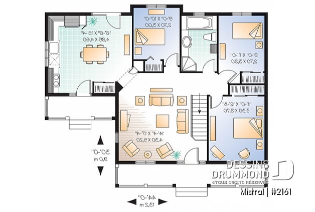 Rez-de-chaussée - Plan de plain-pied 3 chambres au rez-de-chaussée, grande cuisine, grand balcon avant couvert - Mistral