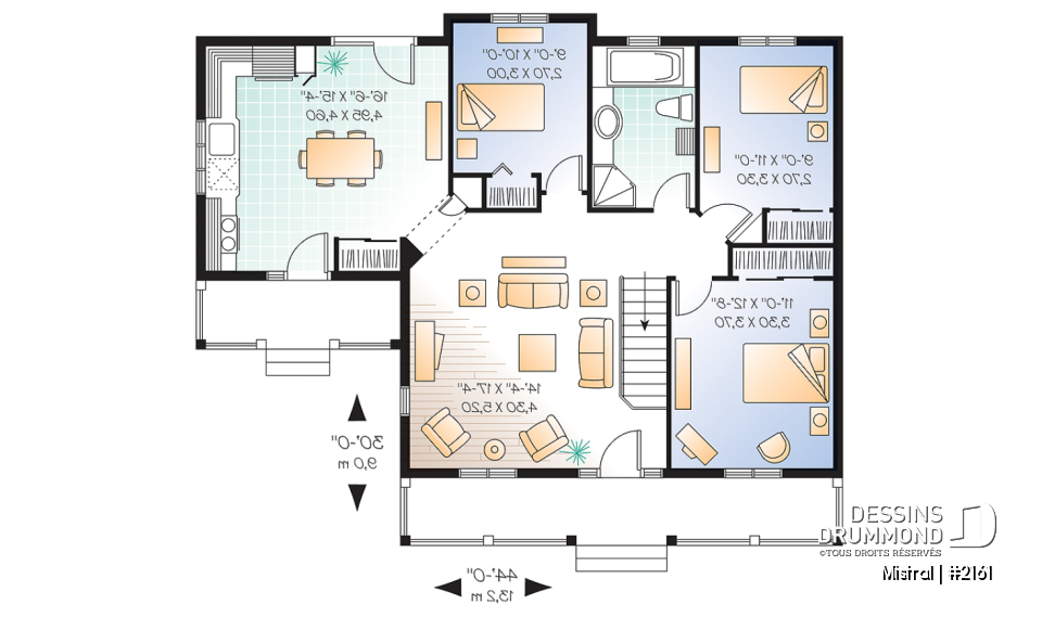 Rez-de-chaussée - Plan de plain-pied 3 chambres au rez-de-chaussée, grande cuisine, grand balcon avant couvert - Mistral