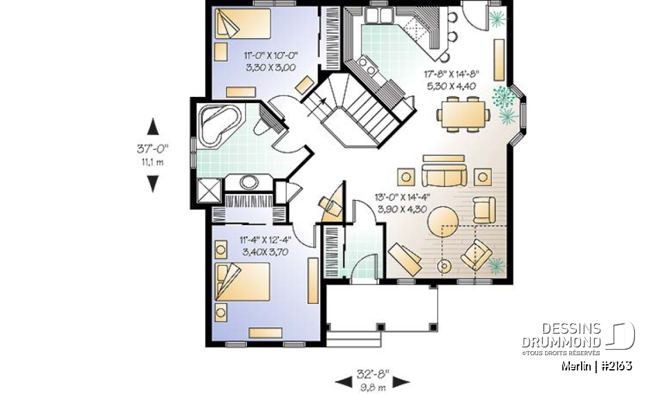 Rez-de-chaussée - Plain-pied économique 2 chambres, plafond cathédrale partiel au salon, espace ouvert, beau style champêtre - Merlin