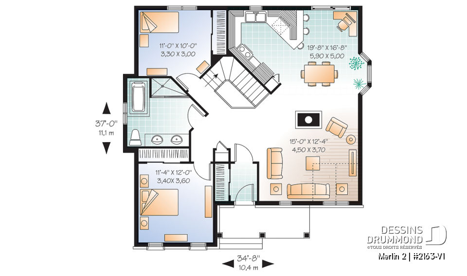 Rez-de-chaussée - Modèle bungalow champêtre 2 chambres, coin bureau, à aire ouverte avec foyer 2 faces, belle salle de bain - Merlin 2