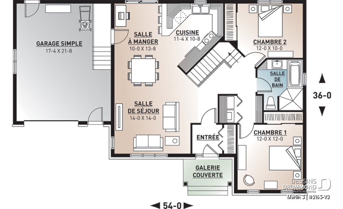 Rez-de-chaussée - Plan de maison bungalow style champêtre rustique craftsman, 2 chambres, espace bureau, garage - Merlin 3