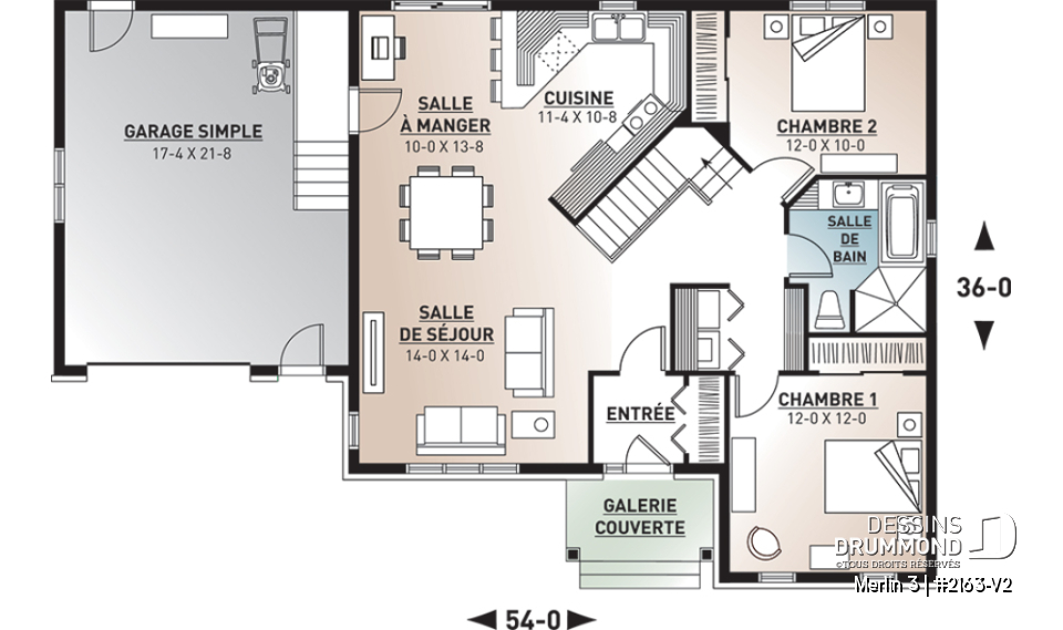 Rez-de-chaussée - Plan de maison bungalow style champêtre rustique craftsman, 2 chambres, espace bureau, garage - Merlin 3