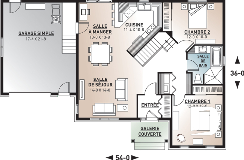 Rez-de-chaussée - Plan de maison bungalow style champêtre rustique craftsman, 2 chambres, espace bureau, garage - Merlin 3