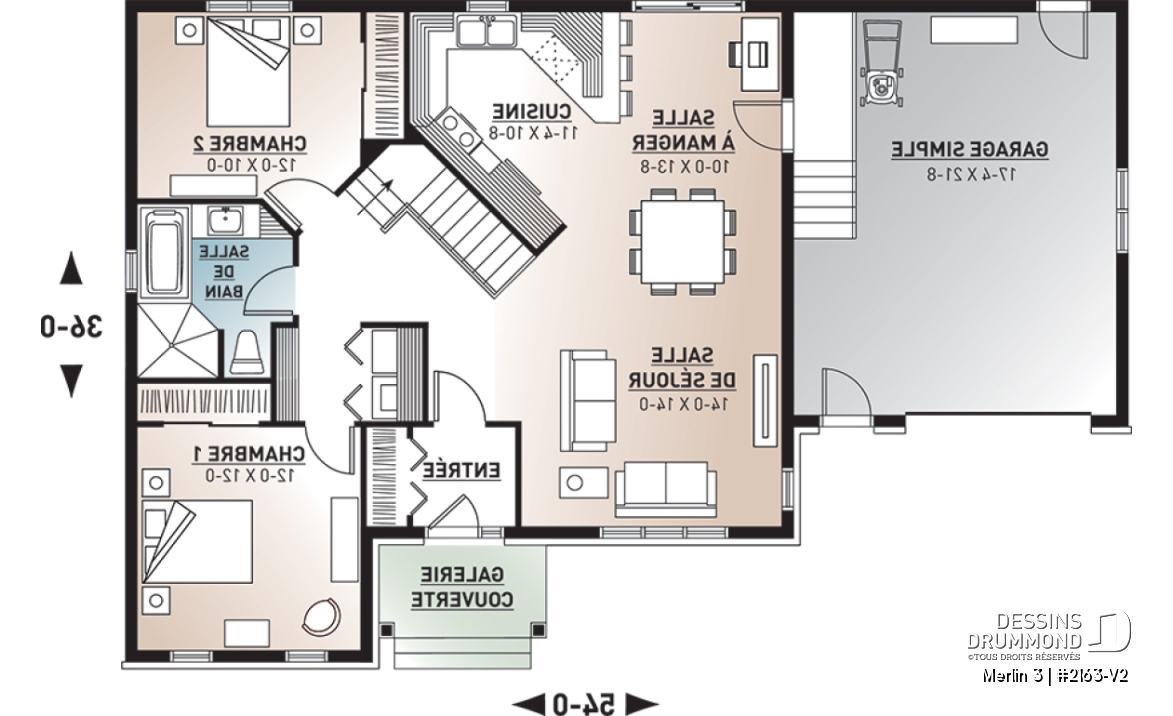 Rez-de-chaussée - Plan de maison bungalow style champêtre rustique craftsman, 2 chambres, espace bureau, garage - Merlin 3
