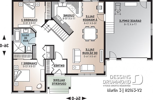Rez-de-chaussée - Plan de maison bungalow style champêtre rustique craftsman, 2 chambres, espace bureau, garage - Merlin 3
