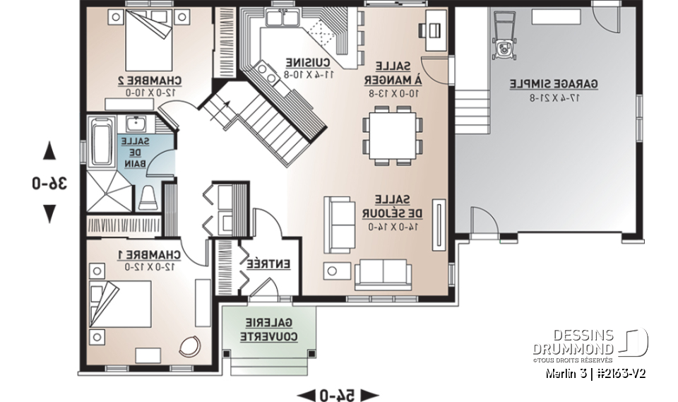 Rez-de-chaussée - Plan de maison bungalow style champêtre rustique craftsman, 2 chambres, espace bureau, garage - Merlin 3