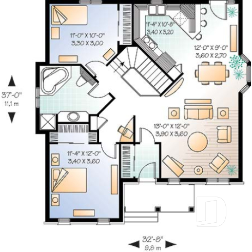 Rez-de-chaussée - Bungalow économique, terrain étroit, 2 chambres, cuisine avec comptoir-lunch - Sauternos