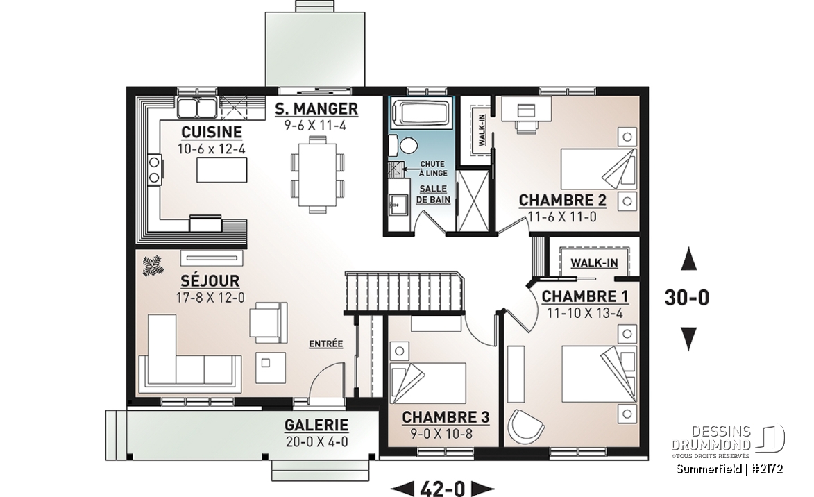 Rez-de-chaussée - Plan de maison de plain-pied ranch 3 chambres, cuisine conviviale et grand balcon avant abrité. - Summerfield